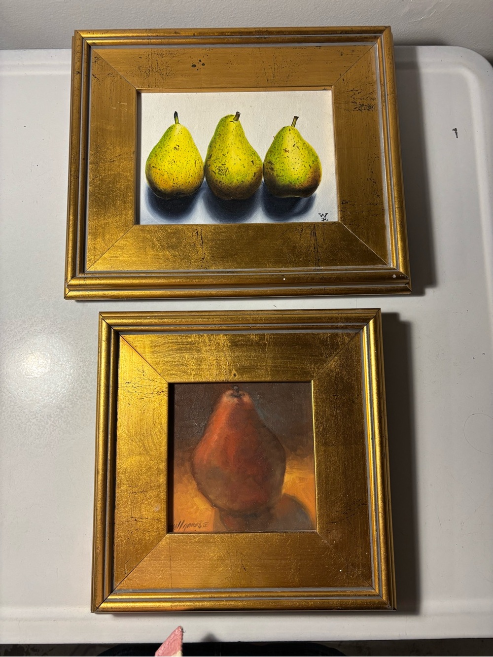Pair Of Lovely Signed Artists Paintings Classic Pear Motif Gold Framing